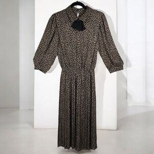 Alexis Fashions Inc Secretary Dress Vintage Black Beige Leaf Print Midi Bow Neck